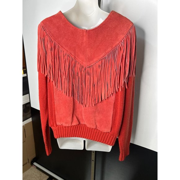 Pioneer Wear Sweater LARGE Cowgirl Cowboy Carter Fringe Suede Orange VTG 70s 80s - Picture 5 of 12